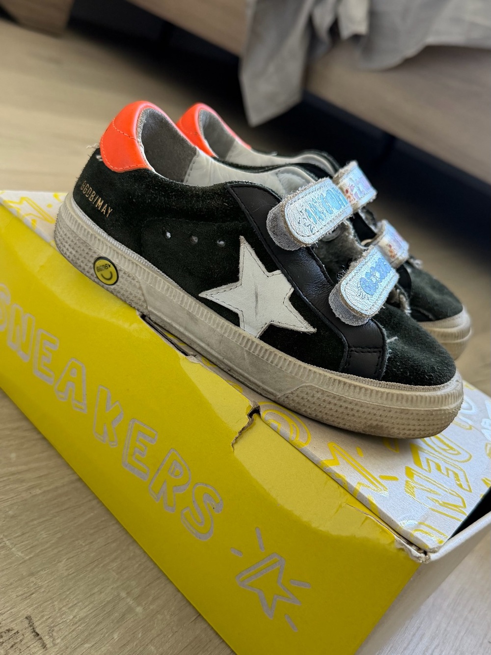 Golden Goose Kids Black Suede Sneakers with White Star and Orange Heel